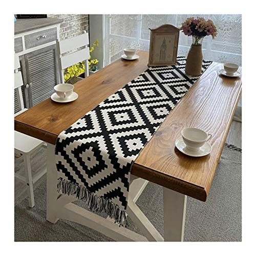 KnBoB Baumwolle Leinen Schwarz Weiß Geometrisches Puzzle Muster mit Quasten Tischläufer für Hochzeitsfest Event Tischdekoration Größe 32x180CM von KnBoB