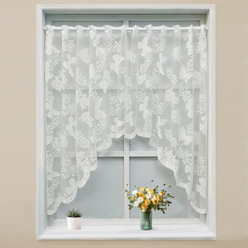 KnBoB Bistrogardine Weiß (100x150cm) – Schmetterlinge & Blumen, Transparent Stickerei Spitze Voile, Mit Ösen, Polyester – Für Küche/Wohnzimmer von KnBoB