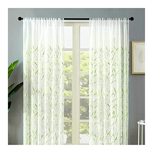 KnBoB Gardinen Transparent Kinderzimmer, Polyester Grün Blumen Bestickt Schlafzimmer mit Stangendurchzug Voile Gardinen 86 x 115 cm von KnBoB