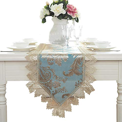 KnBoB Polyester Pfauenblau Luxus Blätter Spitze Stickerei Muster Tischläufer für Zuhause Restaurant Speisetisch Größe 40x120CM von KnBoB