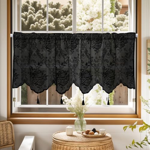 KnBoB Scheibengardinen Transparent Kurz (45x150cm) – Blumenmuster Bistrogardine, Transparent Stickerei Spitze Voile, Quaste, Stangendurchzug, Polyester, Schwarz – 1 Stück von KnBoB
