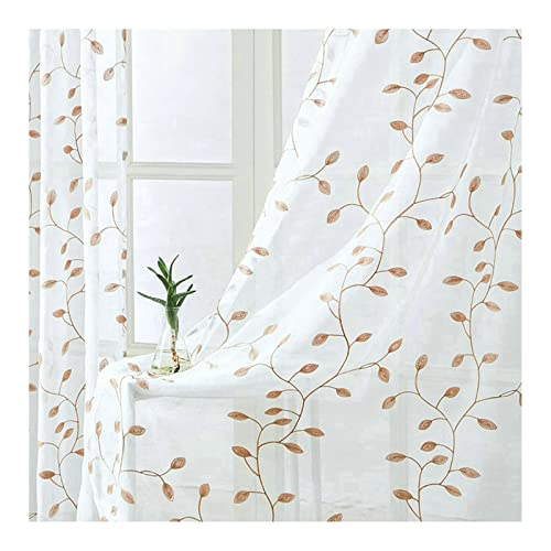 KnBoB Transparent Vorhang, Polyester Beige Blätter Bestickt Schlafzimmer Vorhänge mit Stangendurchzug Voile Gardinen 107 x 229 cm von KnBoB