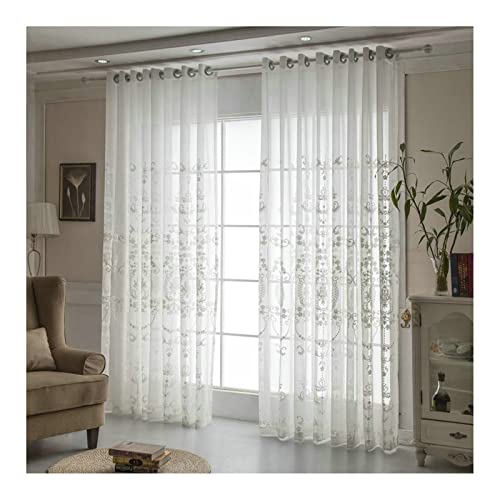 KnBoB Voile Vorhang, Baumwolle Leinen Weiß Blumen Bestickt Vorhänge Wohnzimmer Fenster mit Ösen 137 x 183 cm von KnBoB