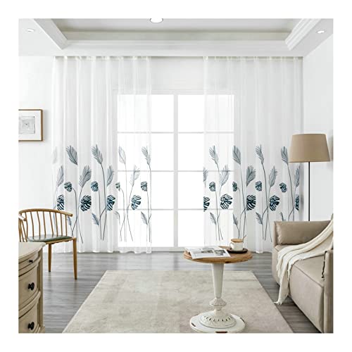 KnBoB Vorhänge Transparent mit Ösen, Polyester Grün Blätter Bestickt Wohnzimmer Gardinen Modern Voile Gardinen 107 x 244 cm von KnBoB