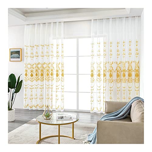 KnBoB Vorhang Transparent, Polyester Gelb Blumen Bestickt Vorhänge Fenster mit Ösen Voile Gardinen 102 x 244 cm von KnBoB