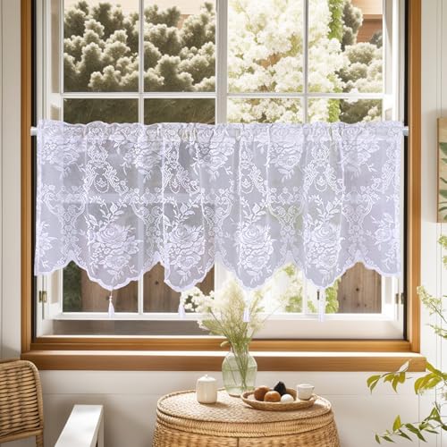 Scheibengardinen Küche (45x130cm) – Transparent Rosenblumen Stickerei Spitze Voile, Mit Quaste & Stangendurchzug, Polyester, Weiß – 1 Stück von KnBoB