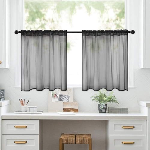 KnSam 2er Set Sheer Voile Vorhang Scheibengardine, Transparente Gardine aus Voile Polyester Transparent Wohnzimmer Luftig Dekoschal für Schlafzimmer 76 x 60 cm (B x H) Grau von KnSam