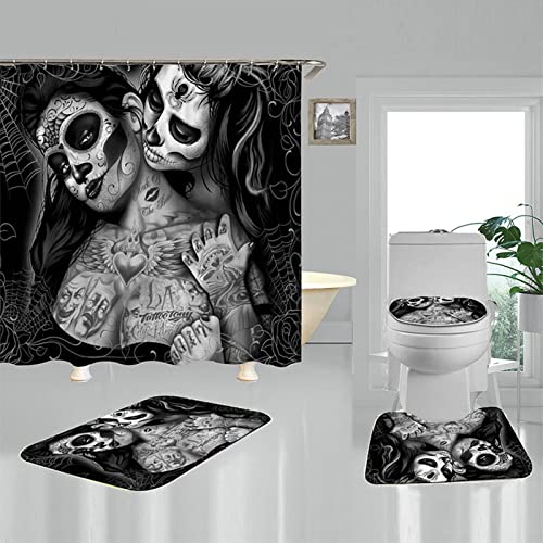 KnSam Duschvorhang, Anti-Schimmel Wasserdicht Vorhänge Gothic Totenkopf Tattoo Frauen Polyester Bad Vorhang Für Badezimmer Bodenmatte Duschvorhang Set Inkl. 12 Duschvorhangringen 120 X 180 cm von KnSam