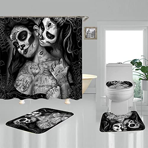 KnSam Duschvorhang, Anti-Schimmel Wasserdicht Vorhänge Gothic Totenkopf Tattoo Frauen Polyester Bad Vorhang Für Badezimmer Bodenmatte Duschvorhang Set Inkl. 12 Duschvorhangringen 150 X 200 cm von KnSam