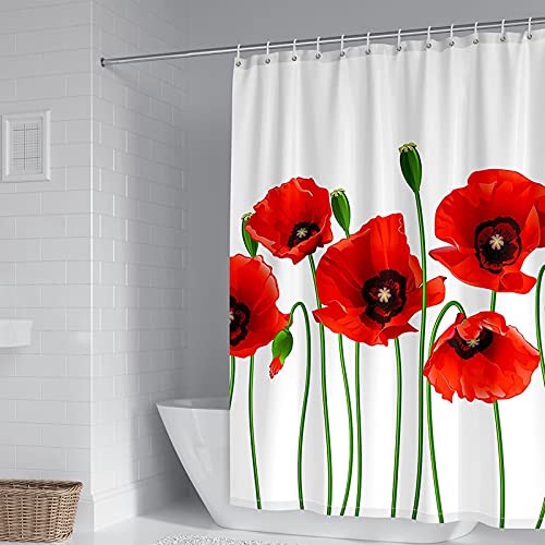 KnSam Duschvorhang, Vorhang Deko Rote Mohnblumen Polyester Dekorativer Duschvorhänge Wasserdicht Badezimmer Vorhang Fenster Duschvorhang Aufhänger Rot Grün Weiß 120X180cm von KnSam