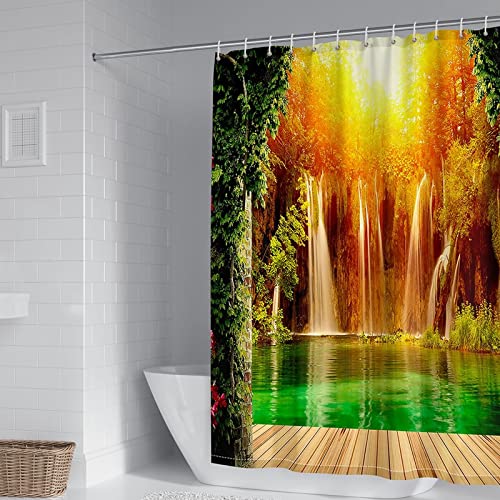 KnSam Duschvorhang, Vorhang Für Badezimmer Wasserfall Polyester Anti-Schimmel Wasserdicht Vorhänge An Badewanne Bad Inkl. 12 Duschvorhangringen Orange Grün 180X200Cm von KnSam