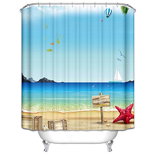 KnSam Duschvorhang 100% Polyester Inkl. 12 Duschvorhangringen An Badewanne Bad Vorhang Für Badezimmer Anti-Schimmel Wasserdicht Strand Blau Braun Breite Höhe 180X200Cm von KnSam
