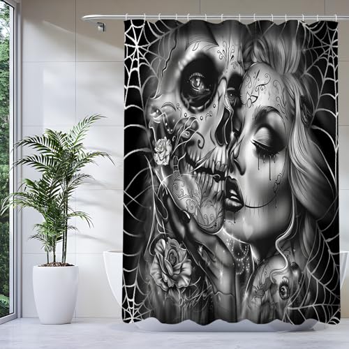 KnSam Duschvorhang 80x200CM Schwarz Textil, Schädel Muster Wasserdicht und Trocknet Schnell,Waschbar Hochwertig Stoff Duschvorhang Badewanne 0.8 x 2m Lang mit Ringen von KnSam