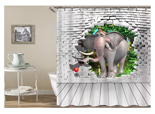 KnSam Duschvorhang Anti-Schimmel Wasserdicht Vorhänge an Badewanne Bad Vorhang für Badezimmer Elefant aus der Wand 100% PEVA inkl. 12 Duschvorhangringen 180 x 180 cm von KnSam
