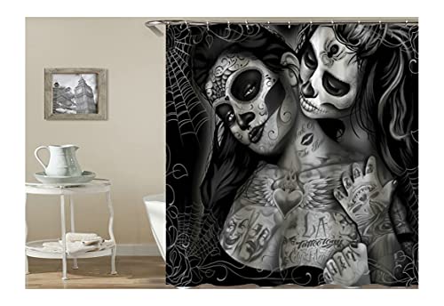 KnSam Duschvorhang Anti-Schimmel Wasserdicht Vorhänge an Badewanne Bad Vorhang für Badezimmer Gothic Totenkopf Tattoo Frauen 100% PEVA inkl. 12 Duschvorhangringen 120 x 180 cm von KnSam