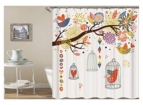 KnSam Duschvorhang Anti-Schimmel Wasserdicht Vorhänge an Badewanne Bad Vorhang für Badezimmer Lebensbaum Vögel Käfig 100% PEVA inkl. 12 Duschvorhangringen 180 x 180 cm von KnSam