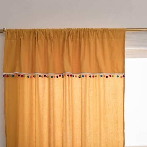 KnSam Gardinen Kurz Halbtransparent, Doppelte Schicht Einfarbig mit Bunt Samtkugeln Gelb Scheibengardinen Küche Kurz 1 Teiliges, Rod Pocket Baumwolle Tüllvorhänge, 120 x 132cm(HxB) von KnSam