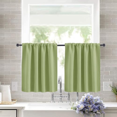 KnSam Grün Scheibengardine Küche Vorhang Bistrogardine Blickdicht Gardine Privatsphäre Scheibengardinen Fensterschal für Wohnzimmer Landhaus 2er Set 120Bx45H (cm) von KnSam