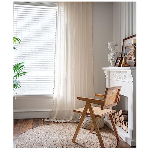 KnSam Halbtransparent Tüllvorhänge mit Kräuselband Beige, Boho-Stil Quaste Gehäkelte Münze Muster Transparente Vorhänge Schal aus Baumwolle, 150x260CM(BxH) von KnSam