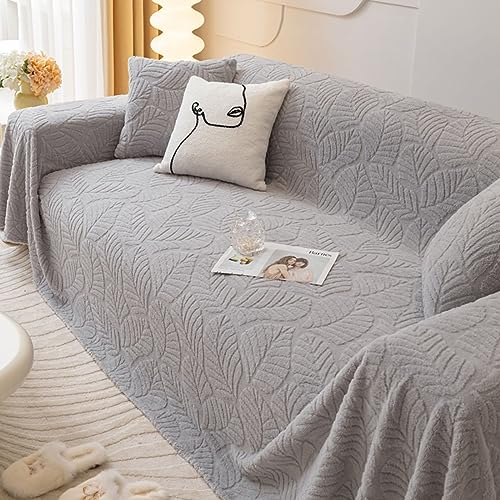 KnSam Home Couchbezug, Einfarbig mit Blatt Muster Sofa Überzug Antirutsch, rutschfeste Sofaschoner Plüsch für Wohnzimmer (180x320CM, Grau) von KnSam