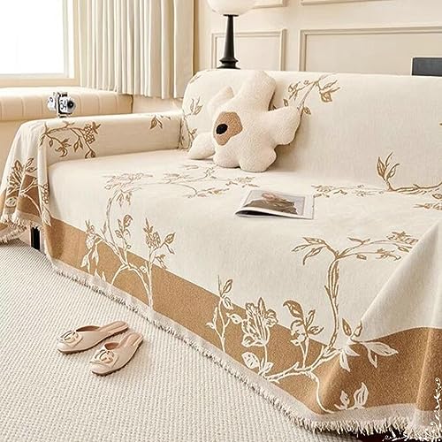 KnSam Home Sofabezug, Blumen Zweigstellen Sesselbezug Esszimmer mit Quaste, Anti-Rutsch Waschbar Sofa Protection Cover Sofabezug Hund Chenille für Hunde Haustierfreundliche (180x340CM, Kaffee) von KnSam
