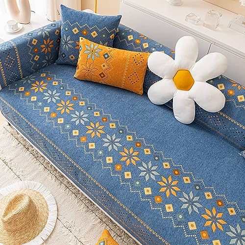 KnSam Home Überwurfdecke, Bohemian Stil Geometrisch Blumen Sofa Überzug 5 Sitzer, rutschfeste Sofaschoner Chenille für Wohnzimmer (110x210CM, Dunkelblau) von KnSam
