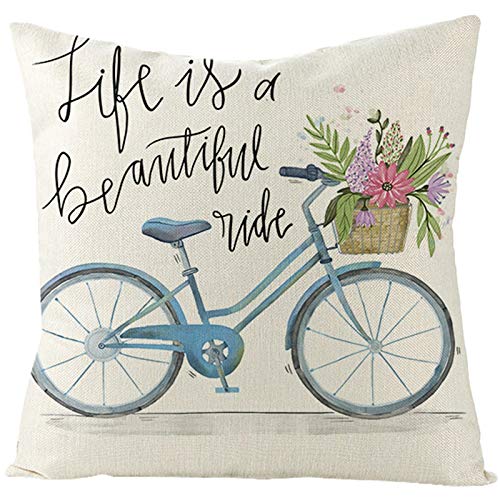 KnSam Kissenbezug, Kopfkissenbezug Fahrrad Und Blumen Das Leben Ist Eine Schöne Fahrt Leinen Kissenhülle Dekorativ Für Das Schlafzimmer Wohnzimmersofa Blau Grün Schwarz 50X50cm von KnSam