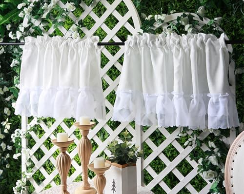 KnSam Scheibengardinen Kurz, Spitze Gardinen Weiss Lichtfilterung Bistrogardine 2er Set Gardinen für Kleine Fenster Küche Wohnzimmer Vorhänge Kurz, B 150 x H 60 cm, Weiß von KnSam