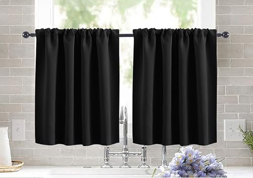 KnSam Schwarz Scheibengardine Küche Vorhang Bistrogardine Blickdicht Gardine Privatsphäre Scheibengardinen Fensterschal für Wohnzimmer Landhaus 2er Set 85Bx40H (cm) von KnSam