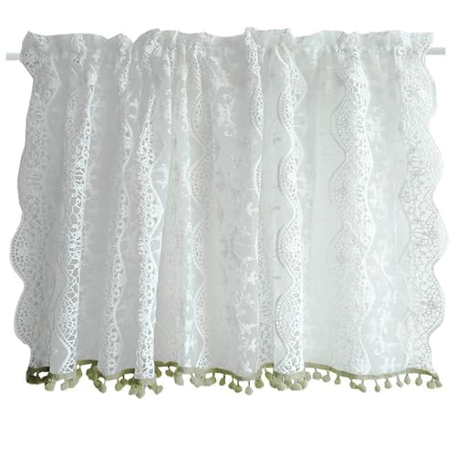 KnSam Voile Scheibengardine, Stickerei mit Wellen Muster und Bommeln Weiß Bistrogardine Boho Style 1er Pack, Rod Pocket Baumwolle Voile Vorhangschals für Küche, 40 x 125cm(HxB) von KnSam