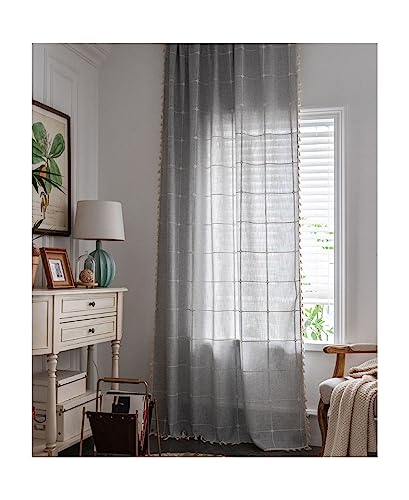 KnSam Vorhang für Fenster mit Ösen Grau, Gestickt Quadrat Kariert Einfarbig Vorhang Gardine Verdunkelnd aus Baumwolle, 100x160CM(BxH) von KnSam