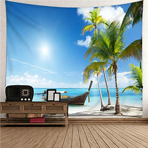 KnSam Wandteppich, Tapisserie Wandbehang Wohnzimmer Heimdekorationen Aus Polyester Sommerthema Meer, Boot Und Kokosnussbaum Blau 350X256Cm Wandteppiche von KnSam