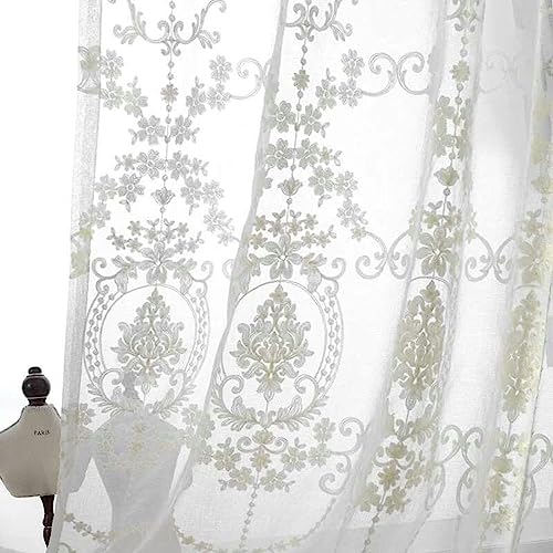 KnSam Weiß Transparente Gardinen mit Kräuselband, Blumen Stickerei Halbtransparent Voile Vorhang aus Voile Polyester, 132x214CM(BxH) von KnSam