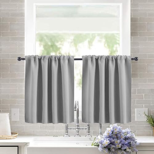KnSam Wohnzimmer Vorhänge Wärmeisolierend Verdunkelungsvorhang Kurz Stangendurchzug 2er Set Gardinen Blickdicht Thermogardine gegen Hitze, 60 x 120 cm(HxB), Grau von KnSam