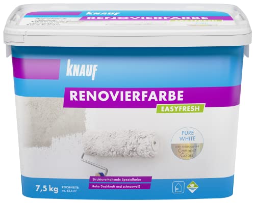 Knauf EASYFRESH Renovierfarbe mit hoher Deckkraft – extrem hoch deckende Wandfarbe, Innen-Farbe VOC-konform und emissionsarm, Schnee-Weiß, 7,5-kg von Knauf