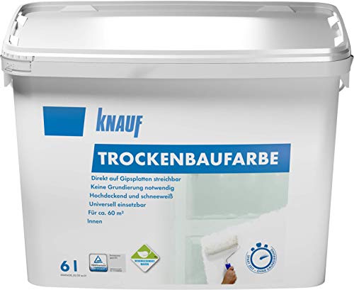 Knauf Trockenbau-Farbe matt – Innen-Farbe zum Streichen von Gipsplatten, gebrauchsfertig, atmungsaktiv, lösungsmittelfrei, VOC-konform, Gipsfaser-Farbe, 6 l, Weiß von Knauf