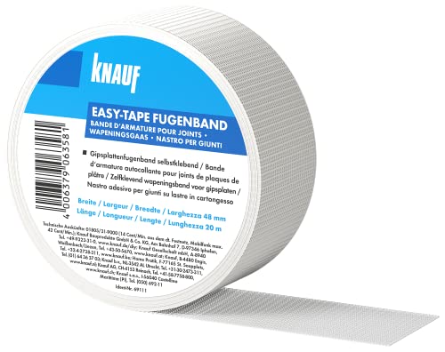 Knauf EASY-TAPE Fugendeckband zum Stabilisieren und Verspachteln von Fugen – selbstklebender Bewehrungs-Streifen zum Verfugen von Gipskarton-Platten bzw. Gipsfaser-Platten, 48 mm x 45 m von Knauf