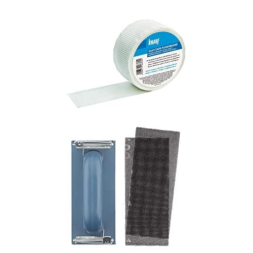 Knauf EASY-TAPE Fugendeckband zum Stabilisieren und Verspachteln von Fugen – selbstklebender Bewehrungs-Streifen zum Verfugen von Platten bzw. Gipsfaser-Platten inkl. Handschleifer für Rigips von Knauf