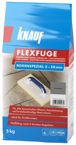 Knauf Flexfuge Bodenspezial Zementgrau 5 kg, zum Verfugen von allen keramischen Fliesen und kratzbeständigen Natursteinen im Innen- & Außenbereich, ideal bei unregelmäßigen Fugen, selbstverlaufend von Knauf