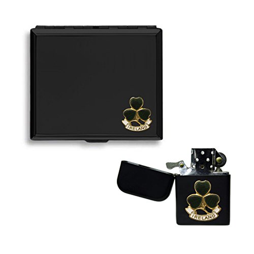 Matt schwarzes Zigarettenetui und sturmfestes Benzinfeuerzeug, mit Irland's Kleeblatt von Knight