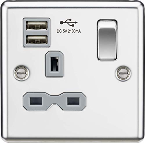 13 A 1G geschaltete Steckdose Dual USB Ladegerät Slots mit grauem Einsatz – abgerundete Kanten poliertes Chrom von Knightsbridge
