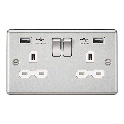 Knightsbridge CL9224BCW Steckdose mit Schalter, 2,4 A Dual-USB-Ladegerät mit weißem Einsatz, abgerundete Kanten, gebürstetes Chrom, 13 A, 2G von Knightsbridge