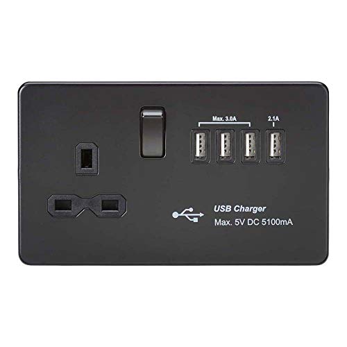 Knightsbridge SFR7USB4 mBB Steckdosenleiste mit 5,1 A Quad USB Ladegerät, mattschwarz, 13 A von Knightsbridge