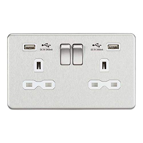 Knightsbridge SFR9224 Screwless Doppelsteckdose mit USB, Gebürstetes Chrom/Weiß, Socket-Double + Dual von Knightsbridge