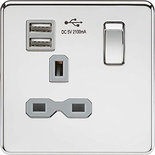 Knightsbridge SFR9901PCG schraubenlose 1 G Schaltsteckdose mit 2,1 A Dual-USB-Ladegerät, poliertes Chrom mit grauem Einsatz, 13 A von Knightsbridge