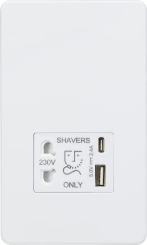 Knightsbridge Schraubenlose Rasiersteckdose mit Dual-USB A+C (5 V DC 2,4 A geteilt) – Mattweiß von Knightsbridge