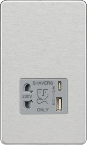 Knightsbridge Screwless Shaver Socket with Dual USB A+C (5V DC 2.4A Shared) - Brushed Chrome with Grey Insert von Knightsbridge
