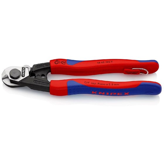 KNIPEX® - Drahtseilschere geschmiedet mit Mehrkomponenten-Hüllen, mit integrierter Befestigungsöse zum Anbringen einer Absturzsicherung 190 mm 9562190T von Knipex