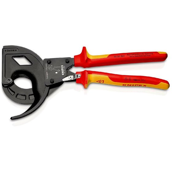 KNIPEX® - Kabelschneider (Ratschenprinzip, Dreigang) schwarz atramentiert, isoliert mit Mehrkomponenten-Hüllen, VDE-geprüft 320 mm 9536320 von Knipex