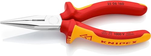 Knipex Flachrundzange mit Schneide (Radiozange) verchromt, isoliert mit Mehrkomponenten-Hüllen, VDE-geprüft 160 mm 25 06 160 von Knipex